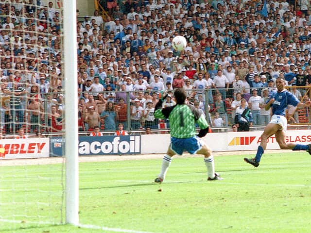 'King' Ken Charlery scores thelate winning goal for Posh at Wembley in 1992.