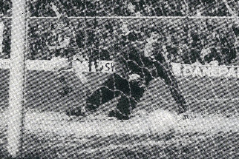 Posh substitute Greig Shepherd has just scored for Posh v Leeds in 1986. The Leeds goalkeeper is Mervyn Day. Photo: National World