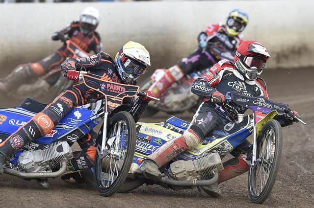 Panthers' star Chris Harris leads heat 5 in the meeting against Wolverhampton, Photo: David Lowndes.