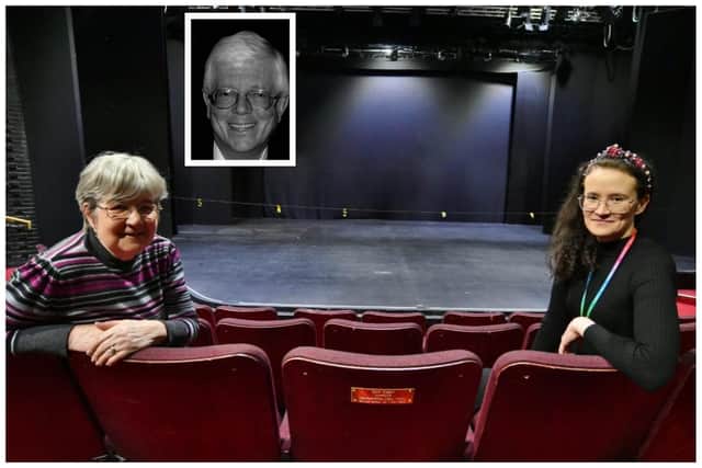 Janet Frusher (left)  and Naomi Procter either side of the seat containing the plaque in memory of Clive Frusher (inset).
