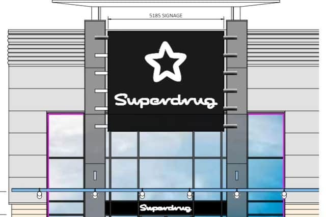 This image shows show how new Superdrug branding might appear on a new store in Peterborough