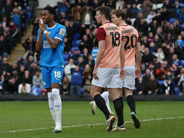 Malik Mothersille of Peterborough United rues a missed chance to score against Portsmouth. Photo: Joe Dent.