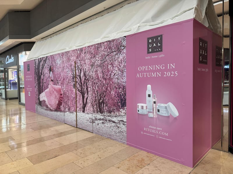 The hoardings around the new Rituals store in the Queensgate Shopping Centre, Peterborough, which will open on September 3