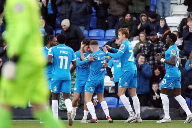 Posh players celebrate Joel Randall's goal against Burton Albion last weekend. Photo: Joe Dent/theposh.com
