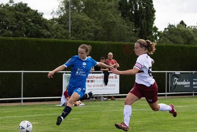 Evie Driscoll-King on the attack for Posh Women against Northampton. Photo: Ruby Red Photography