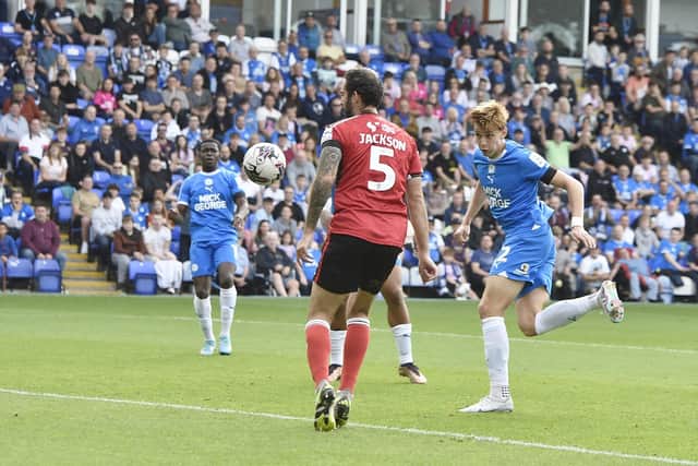 Hector Kyprianou missed this great chance to score for Posh v Lincoln. Photo: David Lowndes.