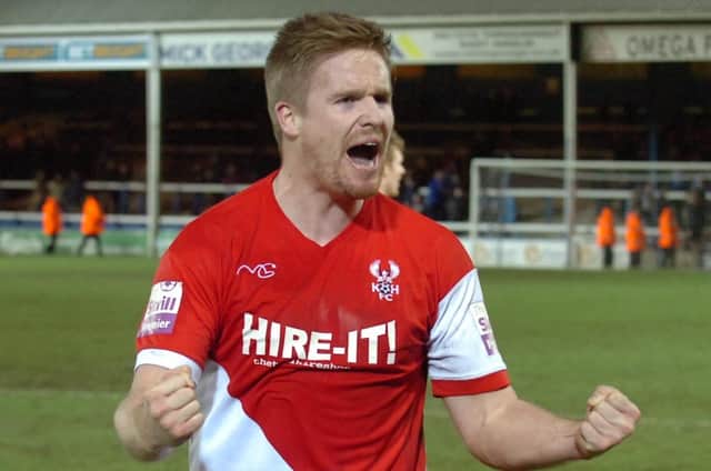 Michael Gash celebrates KIdderminster's win at Posh in the FA Cup in 2014. Photo: David Lowndes.