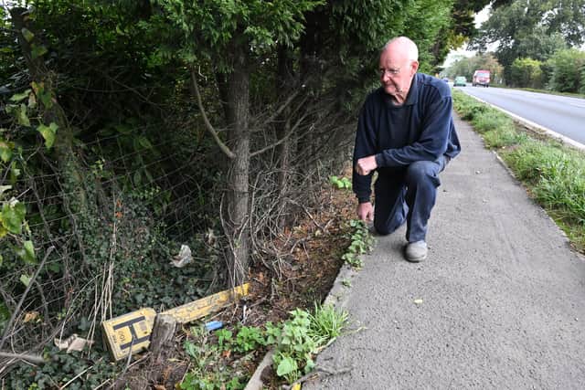 Mel Dolby of The Causeway, Thorney, with the toppled fire hydrant sign opposite his home.