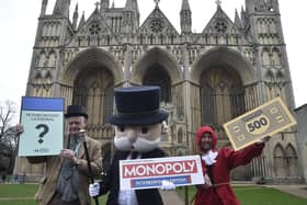 Mayor Nick Sandford with Mr Monopoly at the launch of the Peterborough game
