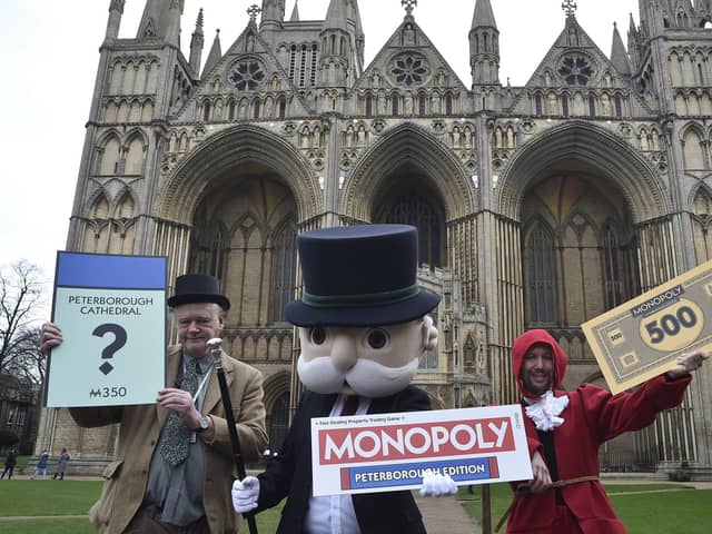 Mayor Nick Sandford with Mr Monopoly at the launch of the Peterborough game