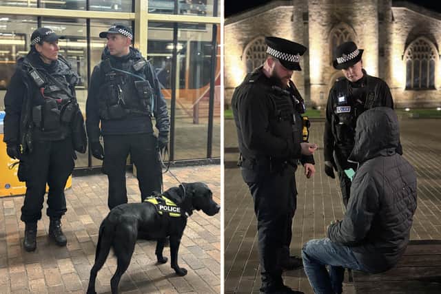 Left: Police dog handlers. Right: A stop and search being carried out.