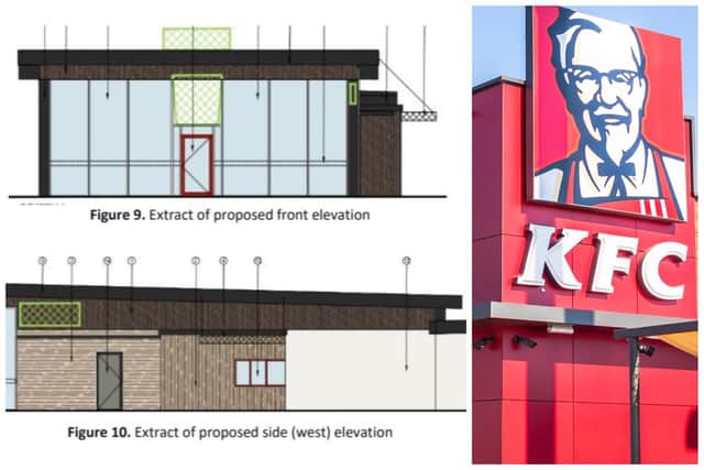 This images show the glazed frontage and the side elevation of the proposed KFC drive-thru at the Brotherhood Retail Park in Peterborough. Right, the popular KFC logo.
