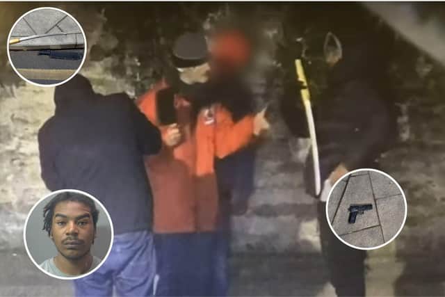 Police seized a number of weapons - now Jonathan Yeye (inset) has been jailed