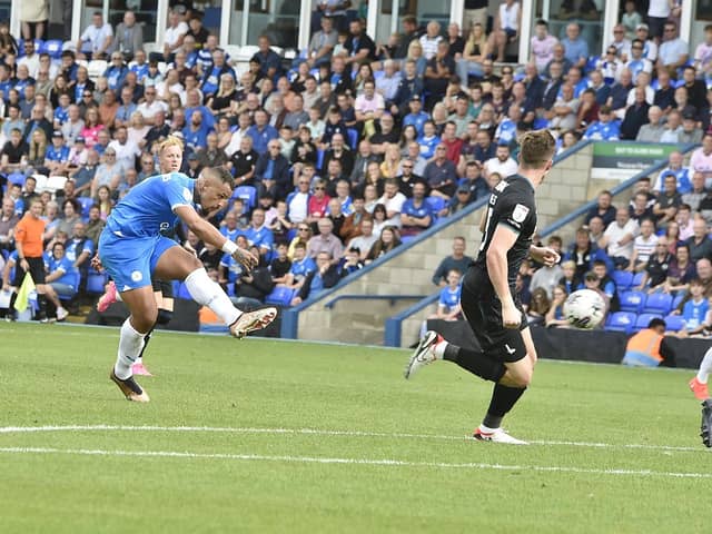 Jonson Clarke-Harris hit the post for Posh in the closing stages. Photo: Joe Dent.