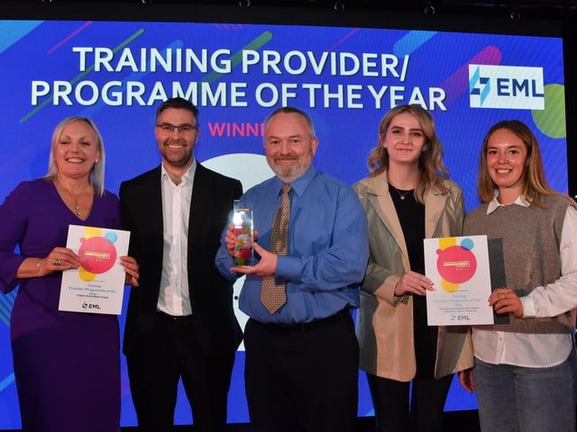 Training Provider of the Year -sponsor Mark Brear with Paul Wilde of ARU with finalists from Inspire Education Group and LEAP