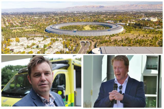 A call has been made for Peterborough to be part of plans to create the UK's answer to the Silicon Valley, top; Peterborough MP Paul Bristow, lower right; and Cambridgeshire and Peterborough Combined Authority Mayor Dr Nik Johnson, lower left.