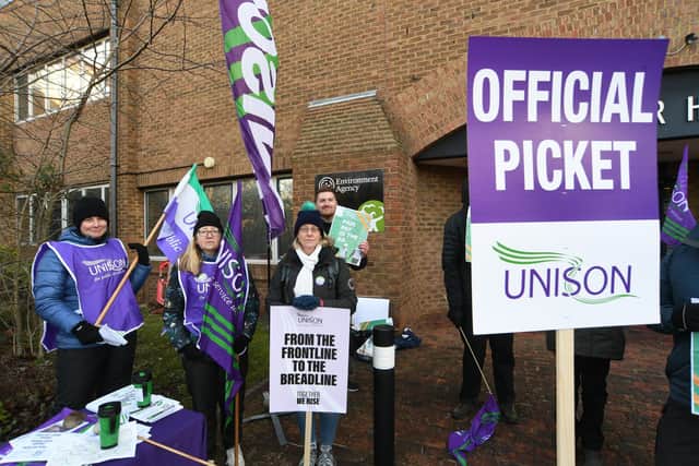 UNISON picket line outside the Environment Agency offices at Kingfisher House, Orton Goldhay