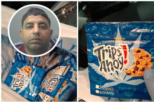 Bhogal (inset) pictured in custody and the 'cannabis cookie' packets.