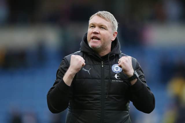 Posh manager Grant McCann celebrates victory at Oxford last weekend. Photo: Joe Dent/theposh.com.