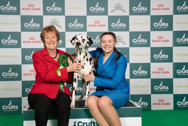 Jenny Alexander and Isabelle Collier from Huntingdon with Sapphire, a Dalmatian which was the Best of Breed winner. Photo:  BeatMedia/The Kennel Club