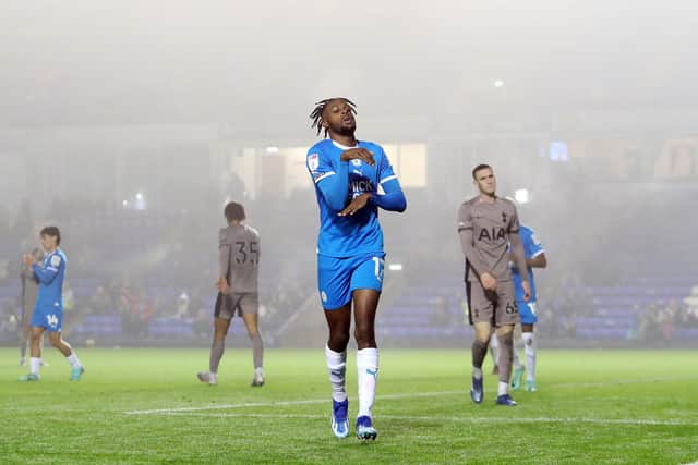 Ricky-Jade Jones of Peterborough United celebrates scoring his goal to make it 2-0. Photo: Joe Dent.