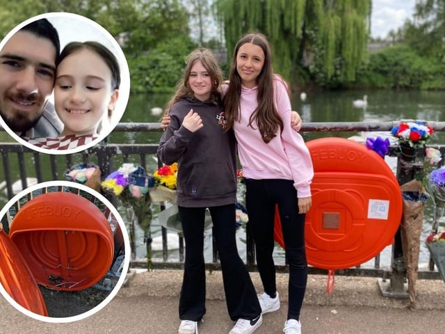Main image: Ellie McNutt pictured with her cousin after the life buoys were installed in Henry Penn Walk alongside the River Nene. Inset, top: Ellie with her dad. Inset, bottom: One of the vandalised life buoys Ellie fundraised for.