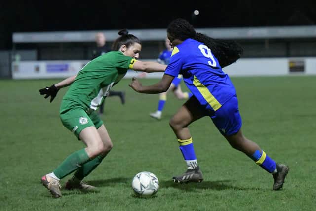 Action from a Spalding United ladies (in blue) game. Photo Keira Thurston Photography