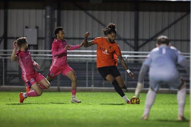 Action from Peterborough Sports (orange) v Leiston. Photo Darren Wiles.