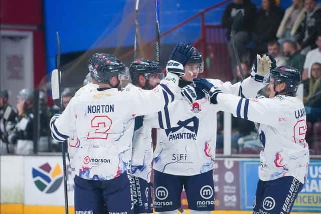 Phantoms celebrate Luke Ferrara's first goal against Hull Seahawks. Photo: Willow Photo Photography.
