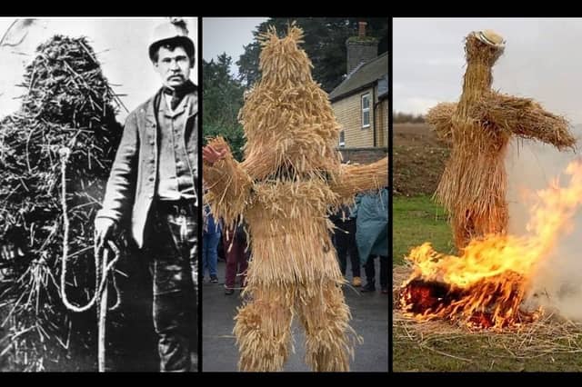 Pictured, from left: The earliest image found of the festival, a snapshot from a recent event, and the customary burning of the straw bear (minus the wearer) on the Sunday.
