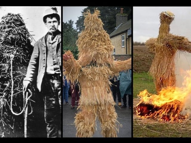 Pictured, from left: The earliest image found of the festival, a snapshot from a recent event, and the customary burning of the straw bear (minus the wearer) on the Sunday.