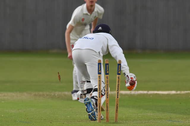 Peterborough Town second team star Sreehari Subramonian is bowled batting for Peterborough Town in a Northants Division One draw with Northampton Saints. Photo David Lowndes.