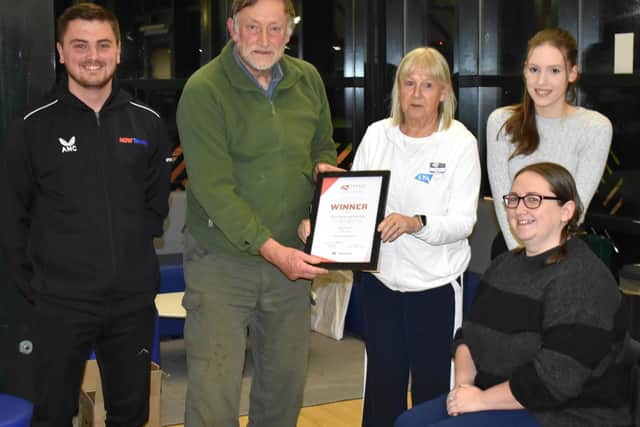 From the left, Jack Pearson, Robert Brown, Sandi Procter ( LTA President), Megan Richardson, and front Gemma Louise-Stevenson. Photo Geoffrey Smith