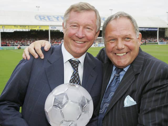 Barry Fry (right) with legendary Manchester United manager Sir Alex Ferguson. Photo by John Peters/Manchester United via Getty Images.