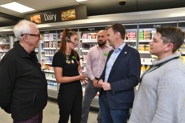 Andrew Pakes, Labour & Co-operative candidate for Peterborough, centre, talks to Samantha LeFevere (store manager), with Michael Langford (Co-op membership council), Adam Waudby (regional manager) and Natasha Rook (loss prevention adviser) at the Co-op store in  Mayor's Walk, in Peterborough.