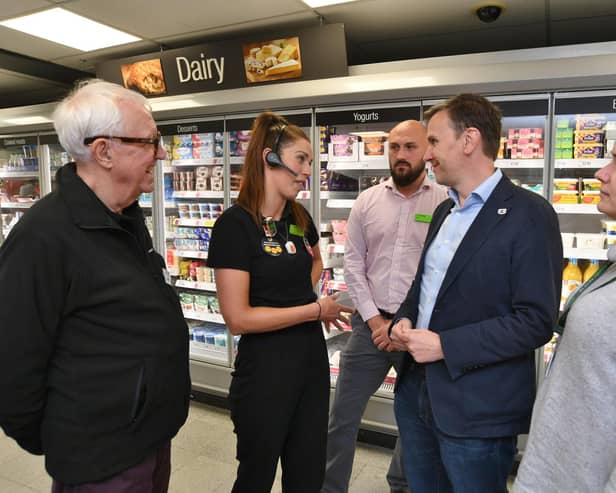 Andrew Pakes, Labour & Co-operative candidate for Peterborough, centre, talks to Samantha LeFevere (store manager), with Michael Langford (Co-op membership council), Adam Waudby (regional manager) and Natasha Rook (loss prevention adviser) at the Co-op store in  Mayor's Walk, in Peterborough.