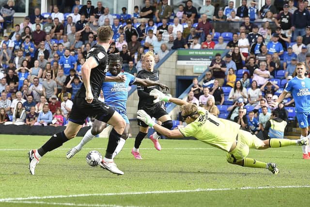 Posh substitute Kabongo Tshimanga saw this late shot against Charlton Athletic well saved. Photo: David Lowndes.