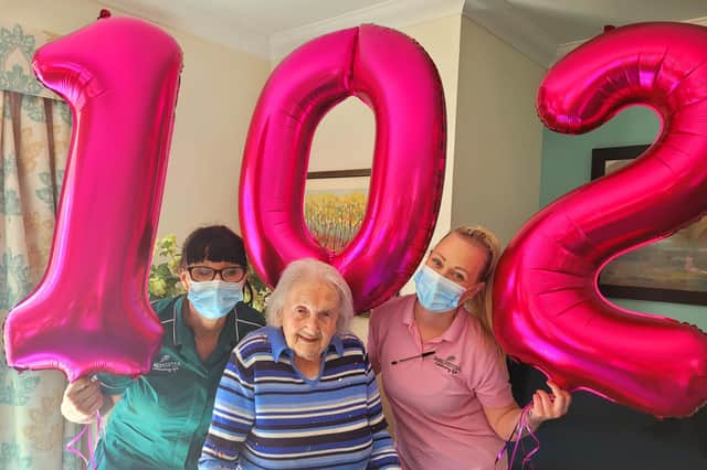 Bridget celebrating her 102nd birthday at Braeburn Lodge care home.