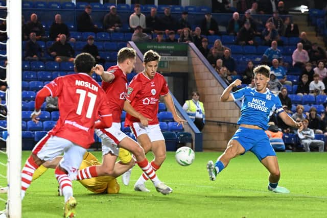 Harry Leonard scores the first Posh goal against Barnsley. Photo David Lowndes.