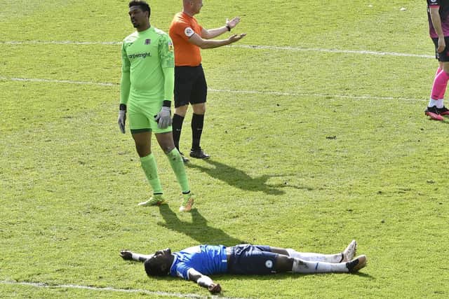 Ephron Mason-Clark shortly after putting Posh 2-0 up. Photo: David Lowndes.
