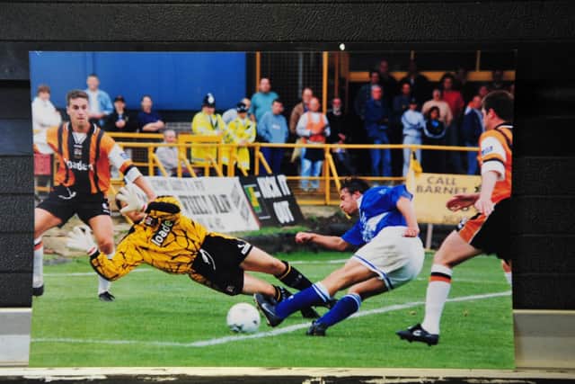 Giuliano Grazioli scoring for Posh in a 9-1 win at Barnet in 1998. Photo David Lowndes.