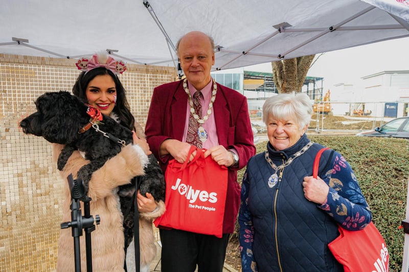 Singer Gabriella Pineda-Rodrigues with Deputy Mayor Councillor Nick Sandford and Deputy Mayoress Alderman Bella Saltmarsh at the official opening of the Jollyes pet store in Peterborough.