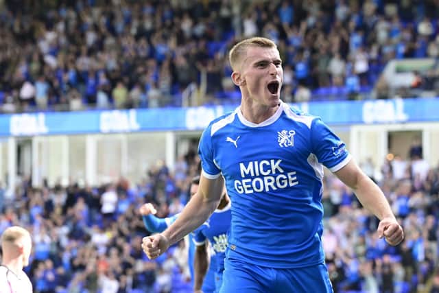 Ben Woods celebrates a goal in the only Posh win of the League One season so far, against Mansfield at London Road. Photo David Lowndes.