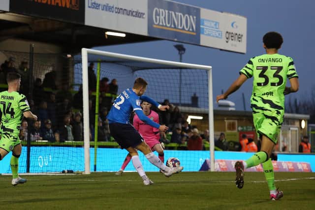 Hector Kyprianou scores for Posh at Forest Green. Photo: Joe Dent/theposh.com.