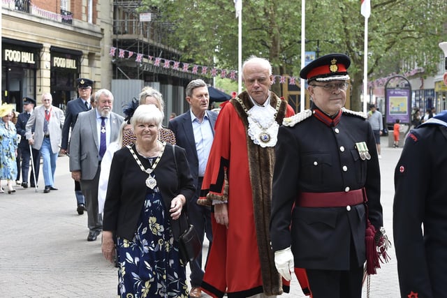 Mayor of Peterborough Nick Sandford with Mayoress Bella Saltmarsh take part in the  procession from the Town Hall