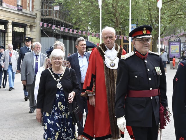 Mayor of Peterborough Nick Sandford with Mayoress Bella Saltmarsh take part in the procession from the Town Hall