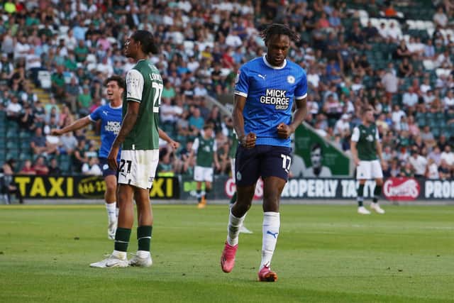Ricky-Jade Jones celebrates his goal for Posh at Plymouth. Photo: Joe Dent/theposh.com.