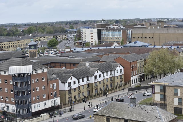 Views across the city from the rooftop terrace at the Hilton Garden Inn hotel, Peterborough.