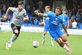 Jonson Clarke-Harris (right) in action for Posh against Bristol Rovers earlier this season. Photo: David Lowndes.