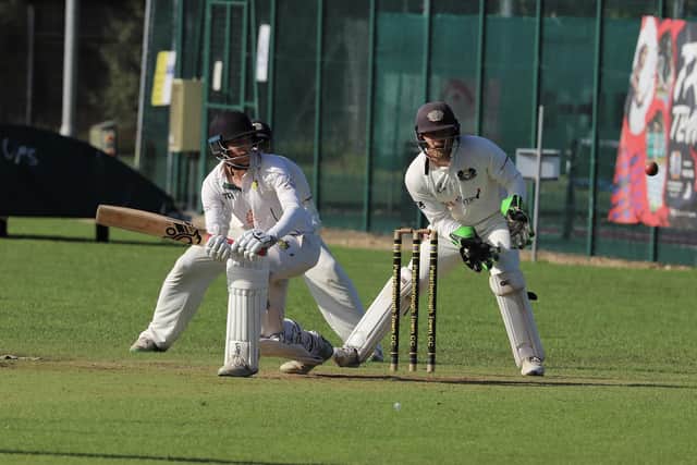 Sam Jarvis on his way to 80 not out for Newborough against Peterborough Town. Photo Andy Dann.